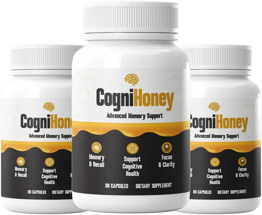 CogniHoney Advanced Memory Support bottles with honey ingredients displayed