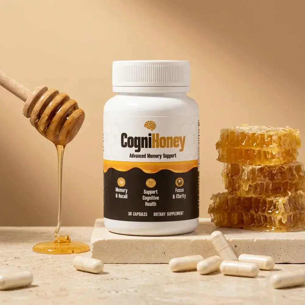 CogniHoney supplement bottle packshot with honey and natural ingredients