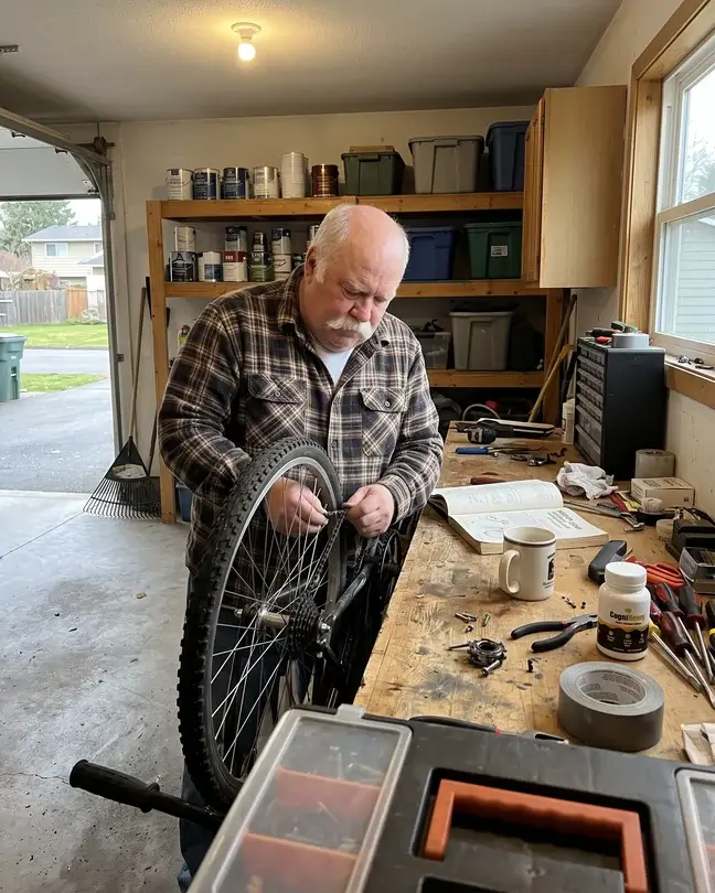 Arthur, 69, putting a bike chain back on in the garage, his CogniHoney bottle on the workbench